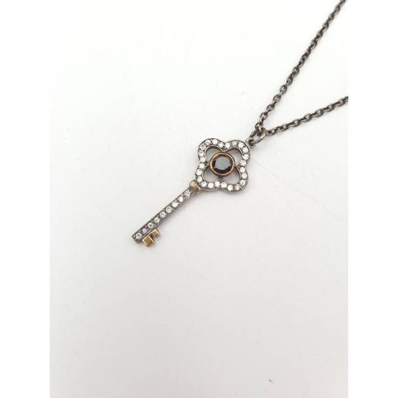STELLA & DOT Silver & Gold Tone With Rhinestones Key Charm Pendant Necklace - Picture 2 of 6